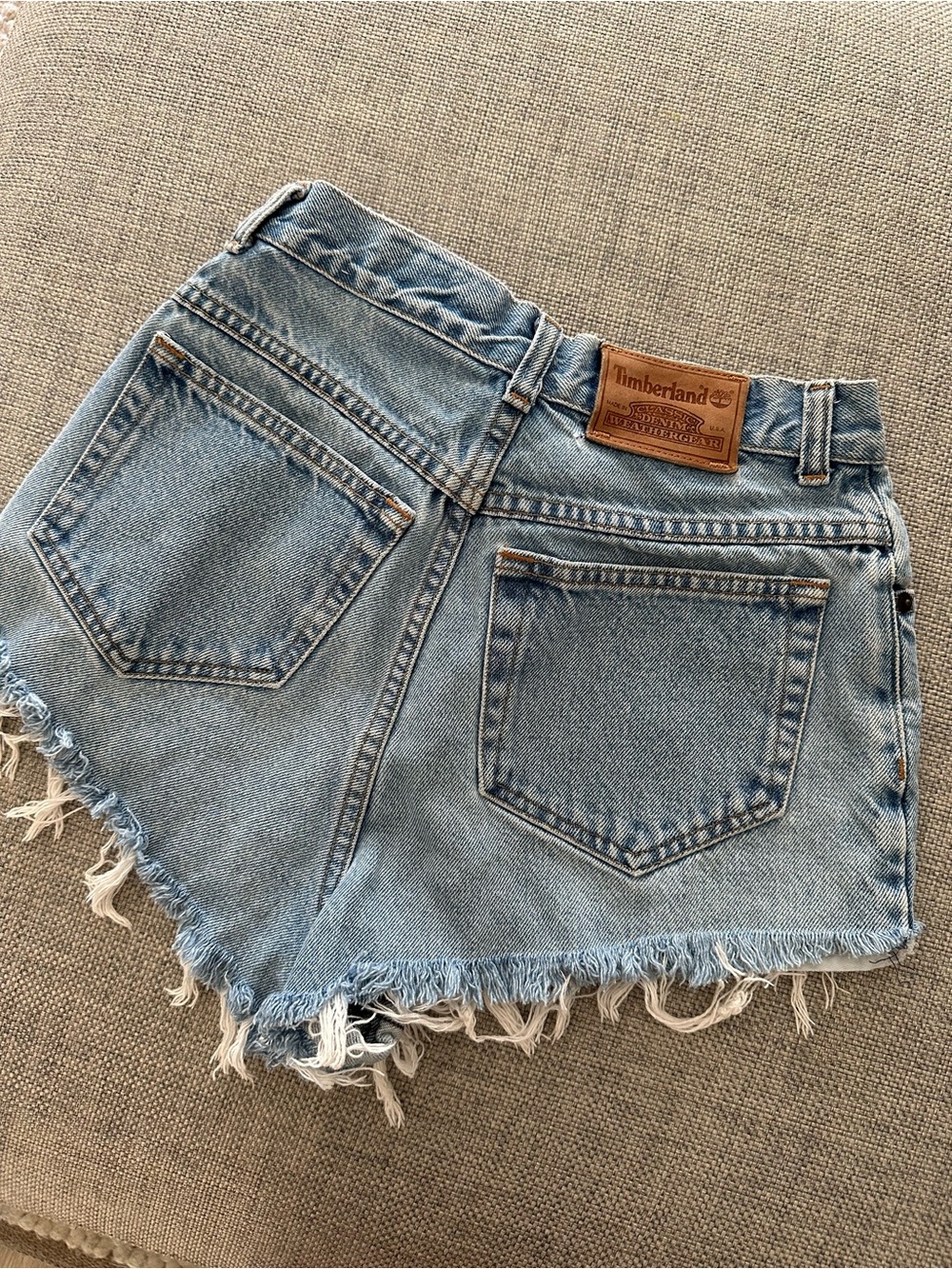 Timberland Light Blue Denim Cutoff Shorts with Frayed Hem